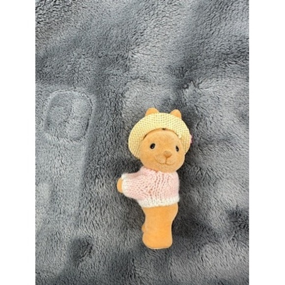 Vintage Brown Fuzzy Rabbit Girl Doll Pink Sweater Straw Hat Hugger Arms Clip - Picture 1 of 6
